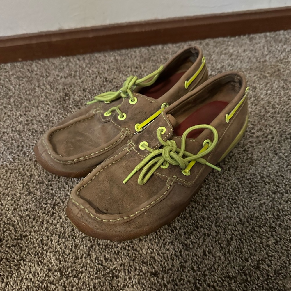 Twisted X Brown Boat Shoes with Bright Green Laces